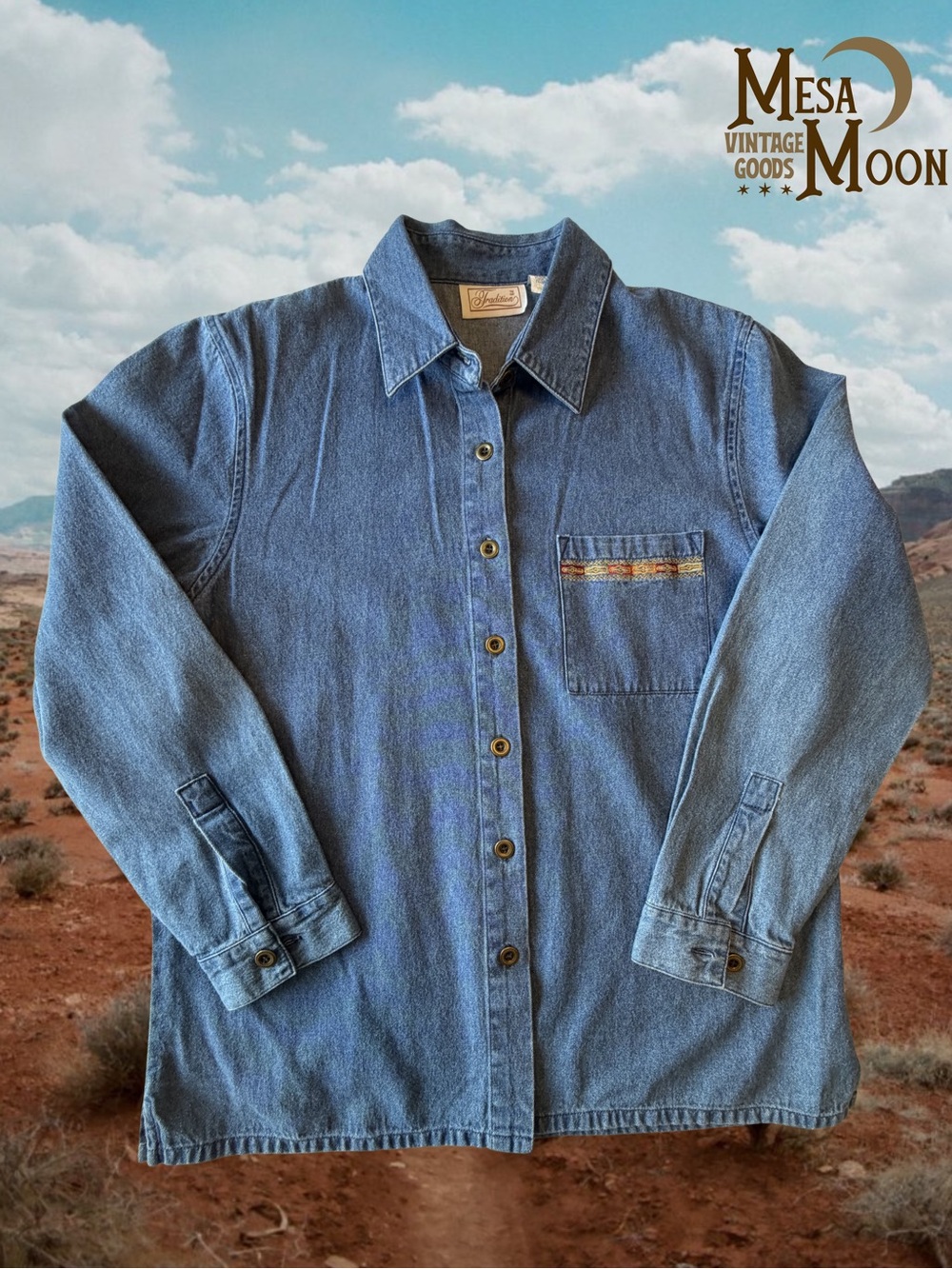 Vintage Southwestern Denim Button-Up Shirt with Embroidered Pocket